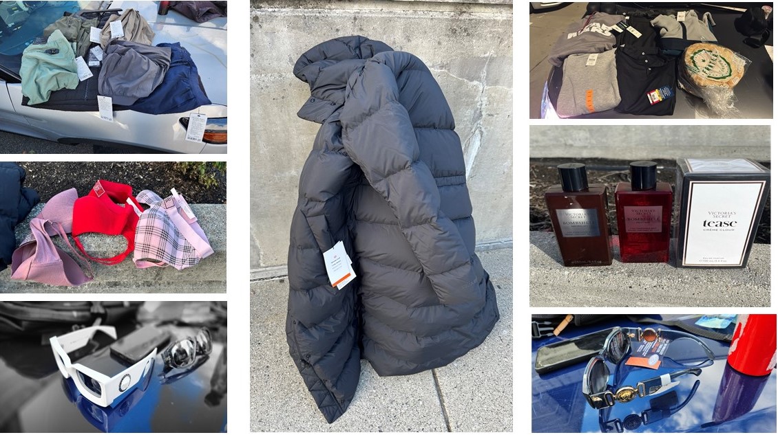 Photo collage:  Top left corner pile of clothing with tags attached. Middle: black puffer jacket with tags attached. Top right corner pile of clothing with tags attached. Left middle: three braziers Right middle: two bottles of fragrance and one box of fragrance. Bottom left: two pairs of sunglasses. Bottom right: one pair of sunglasses