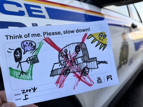 postcard with a child’s drawing of a car with text that reads: Think of me. Please, slow down!