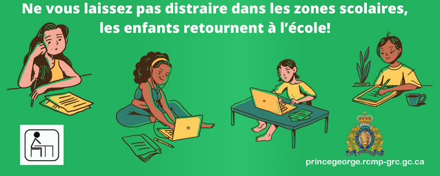 Dessins animés d'enfants faisant leurs devoirs sur fond vert, avec les mots « Ne vous laissez pas distraire dans les zones scolaires, les enfants retournent à l'école ! »